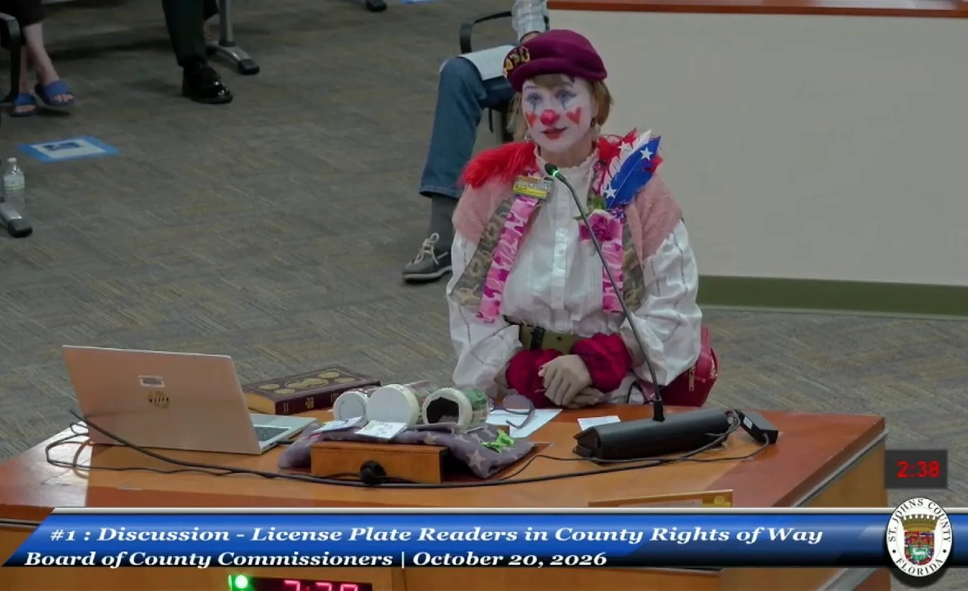 Dozens of speakers took the podium Tuesday, including one who protested Flock cameras dressed as a clown