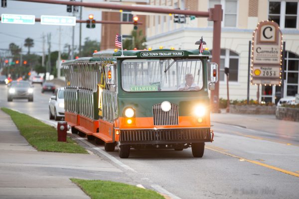 The Old Town Trolley brings guests around downtown St. Augustine for the First Friday Artwalk